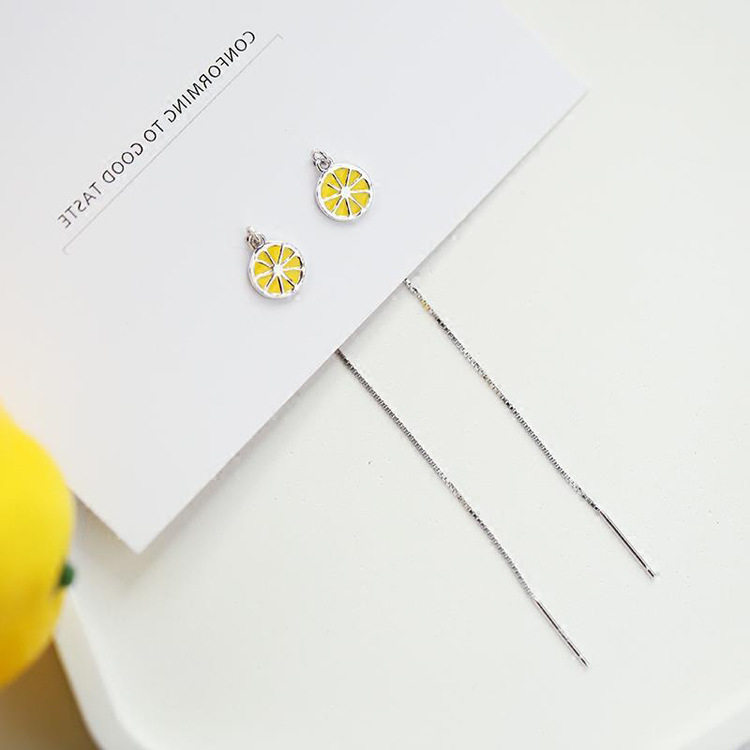 Pure silver earrings 925 silver temperament fresh lemon ear line lukewarm wind female Han version Fashion Brief Ear Ornaments-Taobao