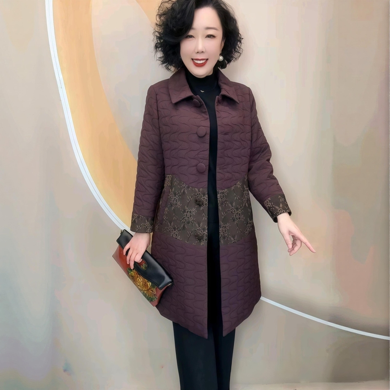 Spring and Autumn New Style Cotton-Padded Warm Lapel Coat for Women, Mid-Length Quilted Design, Cotton-Padded Jacket for Middle-Aged and Elderly Mothers