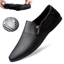 Summer Men Shoes Breathable Hollowed-out Casual Leather Leather Leather Soft Bottom Soft Face Youth Bean Bean Shoe Mesh Dongle Sandals Shoes