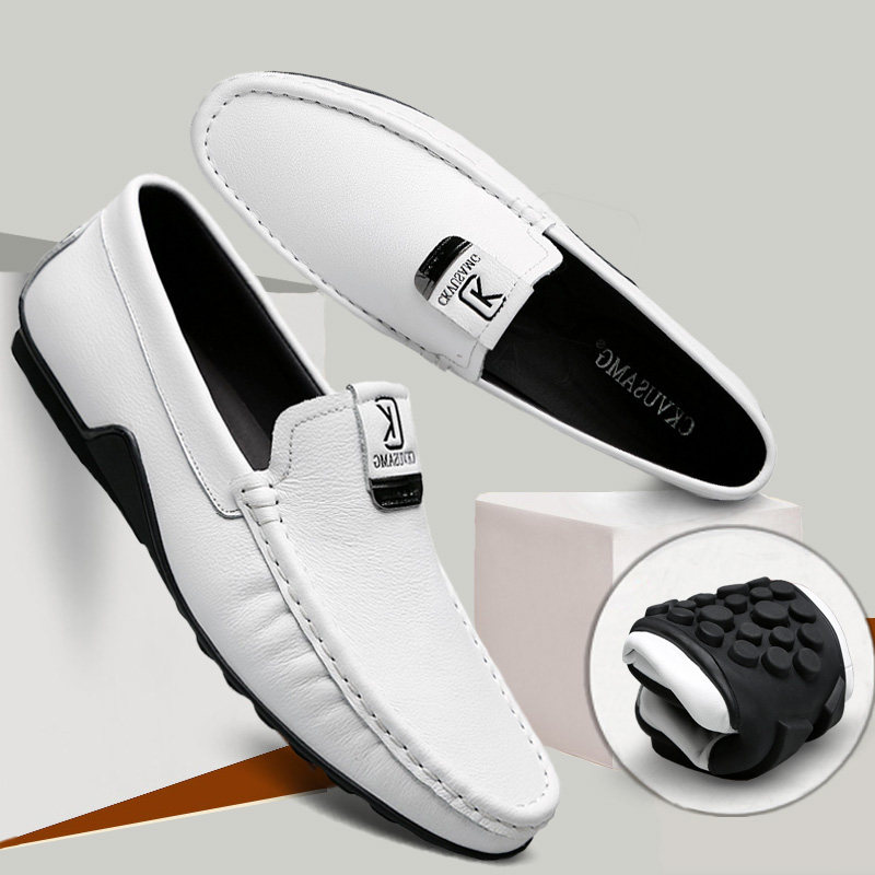 Men's beanie shoes 2022 summer trend Korean version of white casual leather shoes men's leather soft bottom soft leather breathable white shoes