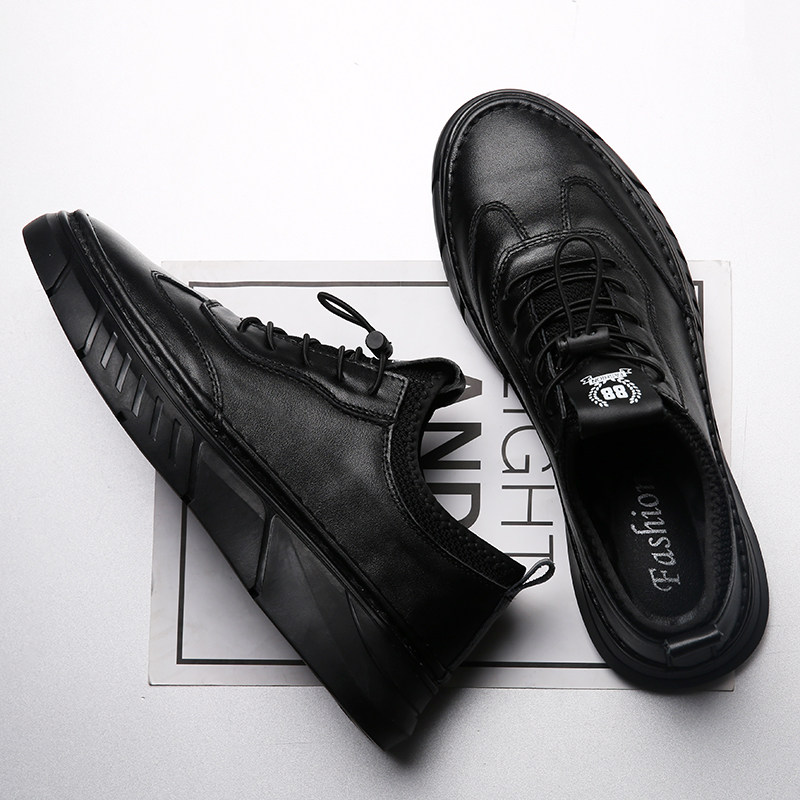 Summer men's shoes trend top layer cowhide black sneakers leather sports casual leather shoes thick bottom large size breathable shoes