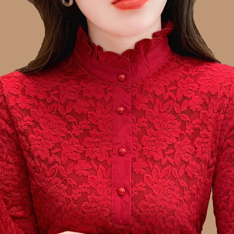 Fleece-Lined Thickened Half-High Collar Lace Base Shirt for Women, Stylish Autumn and Winter Inner Wear, Plus Size, Warm Red Top for Mothers