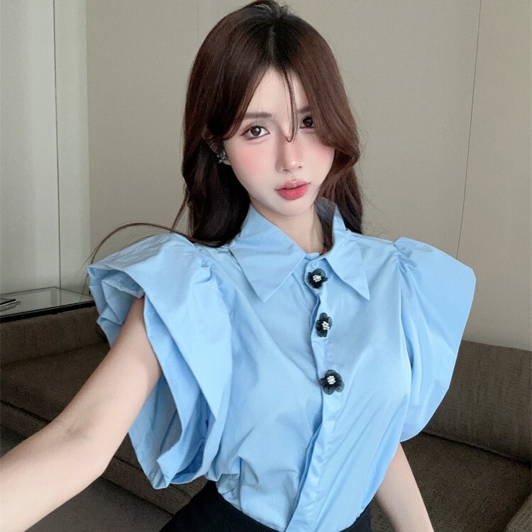 Bubble Short-Sleeved Sweet and Elegant Lapel Shirt for Women with Floral Design, Summer Gentle Style, High-End Fashion Shirt Top