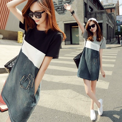 Mùa hè 2019 mới mùa hè 2019 váy denim khâu ngắn tay nữ Phiên bản Hàn Quốc của váy nữ cỡ lớn Chân váy chữ A mỏng - A-Line Váy