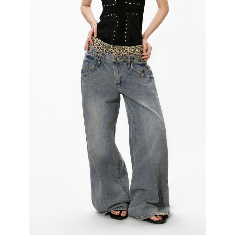 S3T5 Leopard Print Patchwork Double Waistband Wide-Leg Jeans Unisex American Retro Washed Distressed Loose Straight Long Pants