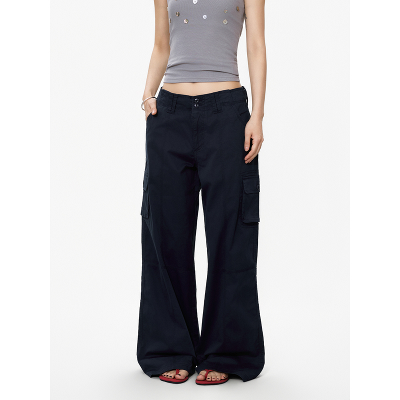 S3T5 Navy Blue Multi-Pocket Double-Button Cargo Pants for Men and Women, 2026 Summer New Style, Loose Straight-Leg Casual Trousers