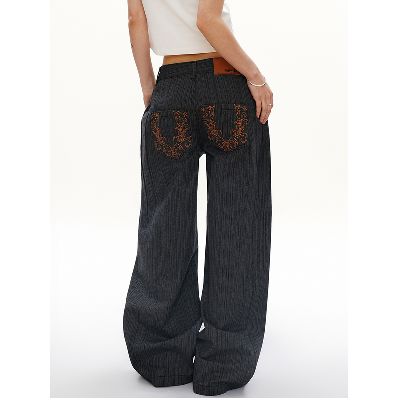 S3T5 Scimitar Embroidery Vertical Stripe Wide-Leg Jeans Unisex American Retro Loose Silhouette Flared Casual Long Pants