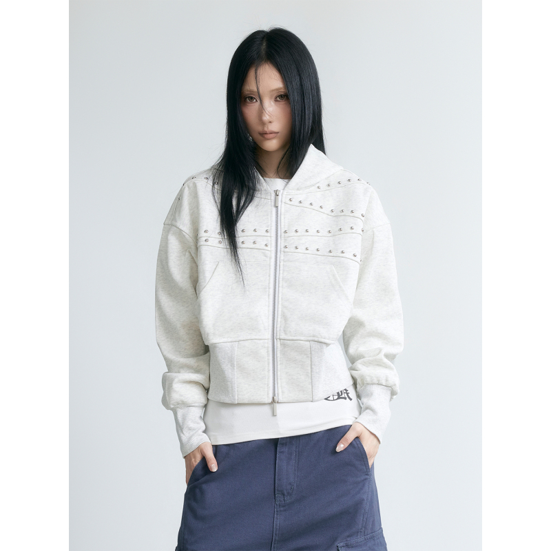 S3T5 Rivet-Decorated Cropped Hooded Sweatshirt for Women, Autumn Design, Zip-Up Cardigan Jacket Top S3T5 Rivet-Decorated Cropped Hooded Sweatshirt for Women, Autumn Design, Zip-Up Cardigan Jacket Top
