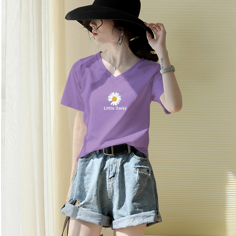 Summer dress small daisy T-shirt women's loose short-sleeved purple T-shirt Korean version of the wild half-sleeved net red super hot ins shirt tide