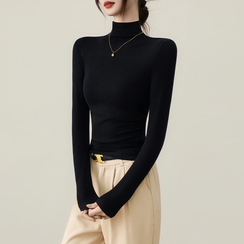 Black Ribbed High-Neck Long-Sleeve Base Shirt for Women, 2026 Autumn and Winter New Style, High-End Slim-Fit T-Shirt Top, Trendy Black Ribbed High-Neck Long-Sleeve Base Shirt for Women, 2026 Autumn and Winter New Style, High-End Slim-Fit T-Shirt Top, Trendy