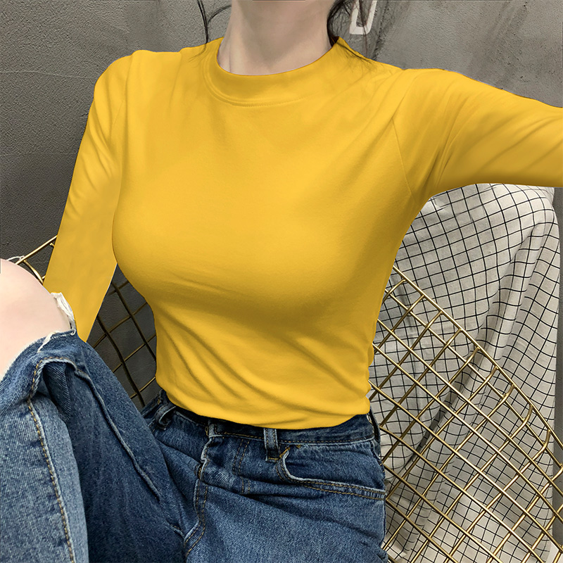 Undershirt woman long sleeve T-shirt autumn winter 2021 Ocean sends pure cotton Supper with half high collar student Tight Jacket Tide