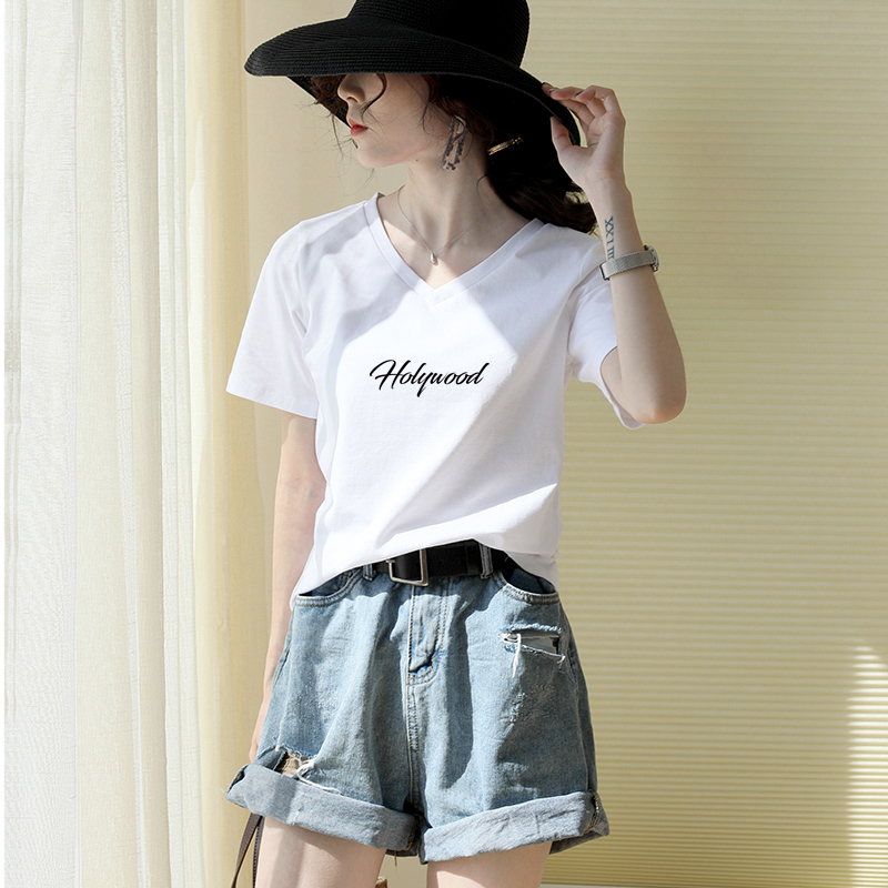 Summer clothing white T-shirt female short sleeve V collar loose pure cotton printed Korean version students with a pair of clothes on half sleeves
