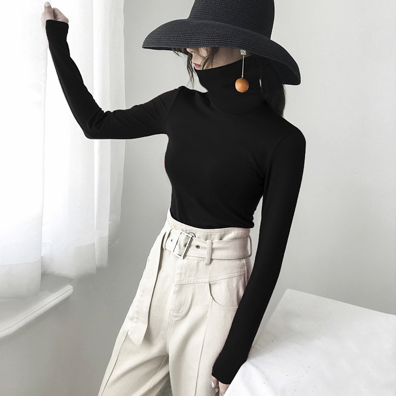 Autumn Winter Black High Collar Beating Undershirt Woman Long Sleeve T-shirt Pure Cotton High Collar Spring Autumn 100 lap Tide with a high tide