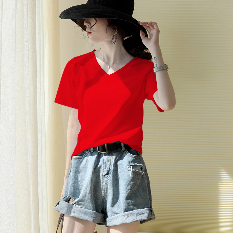 Big Red V-neck T-Shirt Women Short Sleeve Loose Cotton V-neck T-Shirt Outer Wear Casual Solid Color All-match Half Sleeve Top