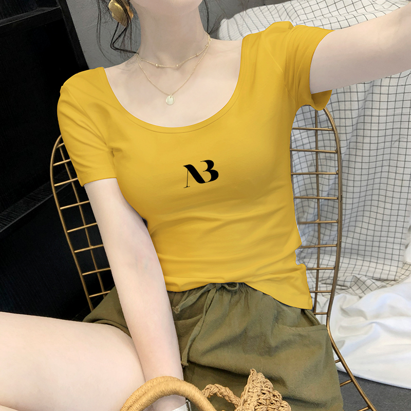 Nguyen Little Paint White T-Shirt Woman Short Sleeve U Collar Beauty Back Big Neckline Letter Tight T-shirt Korean Version Of Clothes-Ins Tide