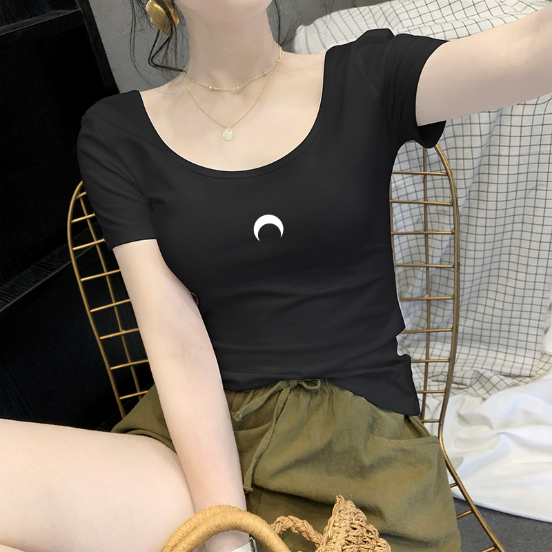 White T-shirt woman short sleeve low collar tight jacket u collar pure cotton display slim back large neckline printed short dines