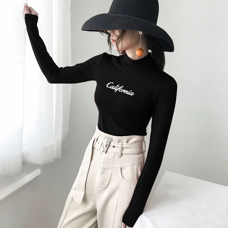 Black beating undershirt woman long sleeve half high collar tight fit T-shirt pure cotton swarm 2021 The new inner lap top of the jacket