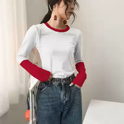 Base shirt women's long sleeve color T-shirt cotton stitching wine red slim fit Joker Korean version of tight body top tide