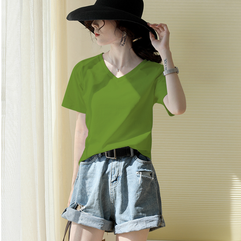 Summer Bull Oil Fruits Green Short Sleeve Loose T-Shirt Schoolgirl Half Sleeve Port Wind V Collar Wins New Lady Blouse Clothes