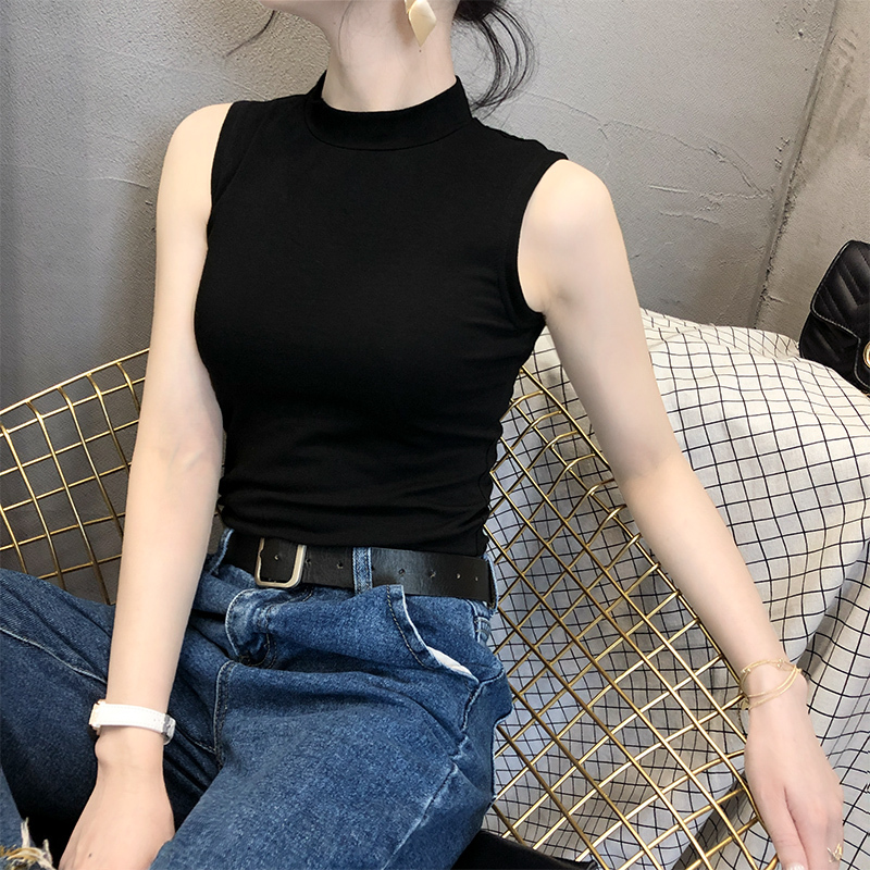 Black Sleeveless Half-High Collar Camisole for Women, Korean Style Tight-Fitting Inner Layering Shirt, Versatile Outerwear Top for Spring and Summer