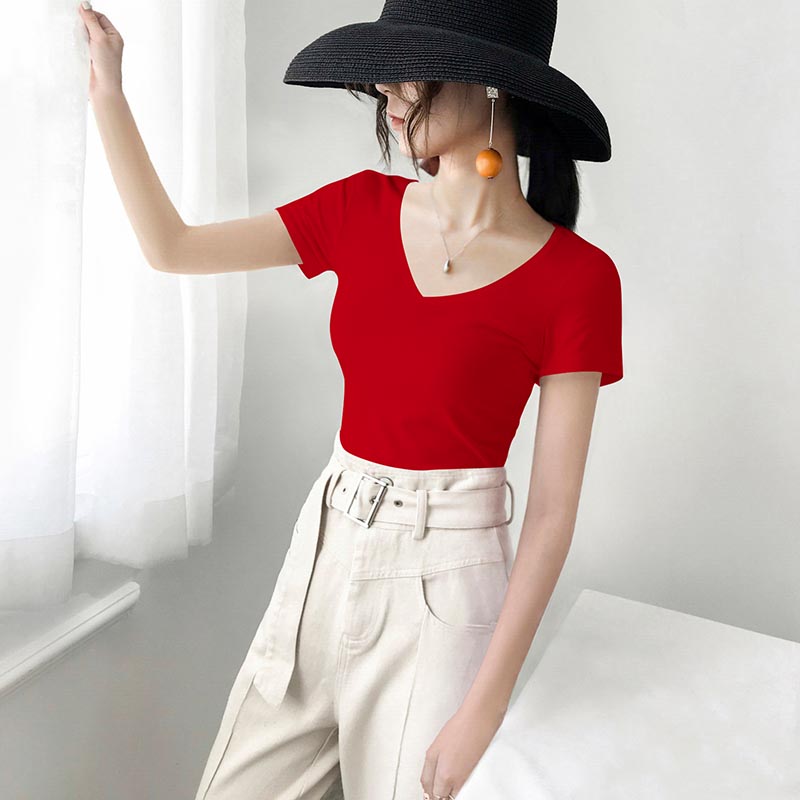 Summer red t-shirt women's v-neck short-sleeved bottoming shirt pure cotton solid color slim fit half-sleeved top 2021 new trend