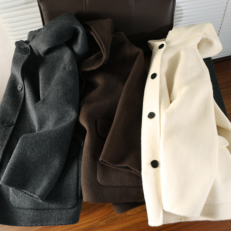Luxury High-End Style! Double-Sided Coat! Alpaca Wool, Silk, and Wool Blend! Hooded Woolen Jacket, Short Woolen Coat for Women
