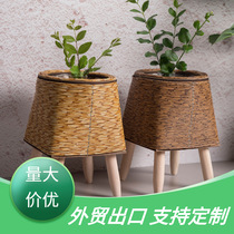 Nordic style straw flowerpot wooden floor-standing rattan flowerpot living room ornaments woven large flower basket flower stand balcony pothos