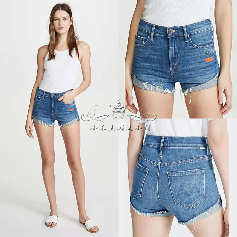 Mother denim hot pants women's summer high waist tight hot pants rolled edge three-point raw edge cherry embroidery light blue