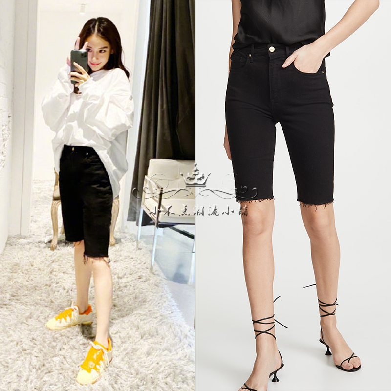 Frame Denim denim shorts women's summer five-point straight riding five-point pants black raw edge high waist slim