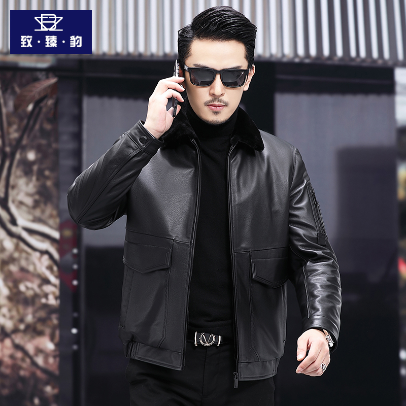 Henning genuine leather leather clothing male head cow leather jacket men composite leather hair integrated turd collar in annuity mink suede jacket