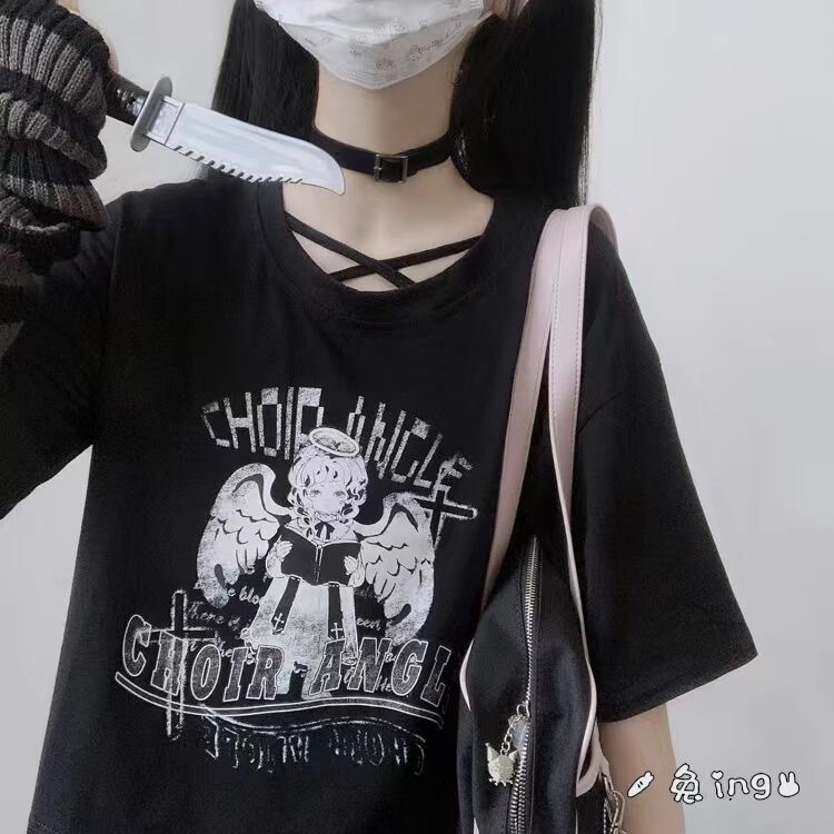 Black Short-Sleeved T-Shirt for Women, Summer 2024, Cute Japanese Style, Soft Girl, Sweet Spicy Girl, Cool Bm Short Top, Jk Student, Harajuku