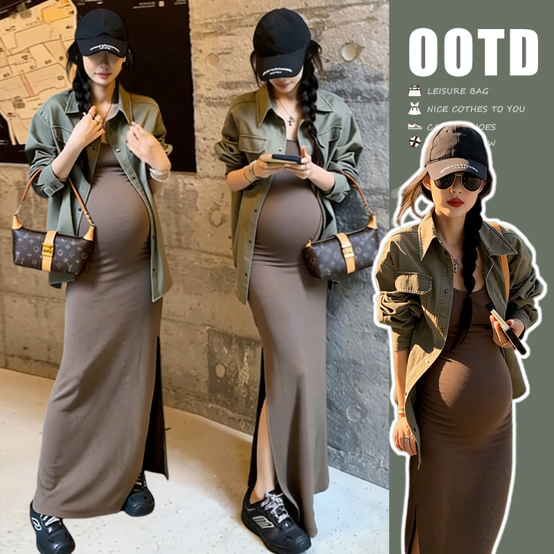 Autumn Maternity Wear, Spring High-End Retro Lapel Shirt Jacket, Waist-Cinching Slimming Suspender Dress Two-Piece Set