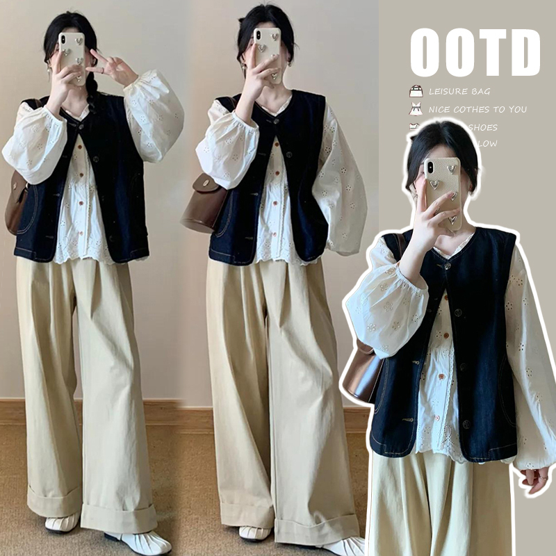 Maternity Wear Autumn Set Korean Style Hollow Shirt Denim Vest Workwear Wide-Leg Pants Fashionable and Stylish Spring and Autumn Three-Piece Set Maternity Wear Autumn Set Korean Style Hollow Shirt Denim Vest Workwear Wide-Leg Pants Fashionable and Stylish Spring and Autumn Three-Piece Set