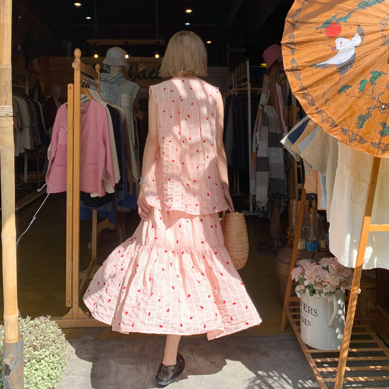 Maternity Wear Summer Style Sweet Age-Reducing Set Pink Cherry Top Pig Nose Button Skirt Loose Slimming Two-Piece Set