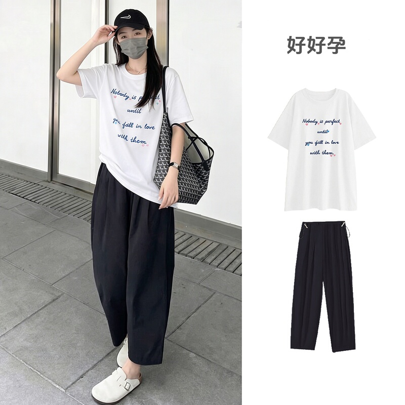 Summer Maternity Wear: Thin Loose Short-Sleeve T-Shirt with Pig Nose Button and Wide-Leg Pants, Two-Piece Set for Prenatal Check-Ups