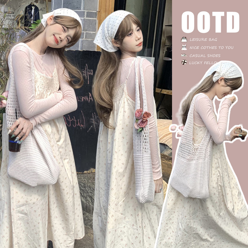 Early Autumn Maternity Wear, Spring Gentle Light Pink See-Through Long-Sleeved Bottoming Shirt, Floral Suspender Dress for Pregnant Mothers, Two-Piece Set