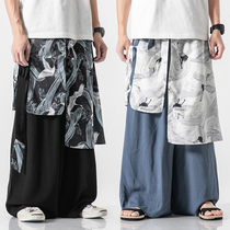 Chinese wind mens clothing floats Fairy Crane linen pants Chinese cotton linen wide leg pants skirt retro style Handclothes Handmade Mens pants