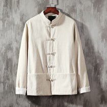 Chinese Tang clothing Han clothing Chinese style mens clothing retro clothing Lay Shi cotton and hemp jacket Ethnic embroidery Zen clothing Linen jacket