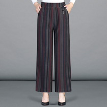 Mom pants womens nine-point wide leg pants 2021 spring and autumn new middle-aged womens pants elastic high waist striped casual pants