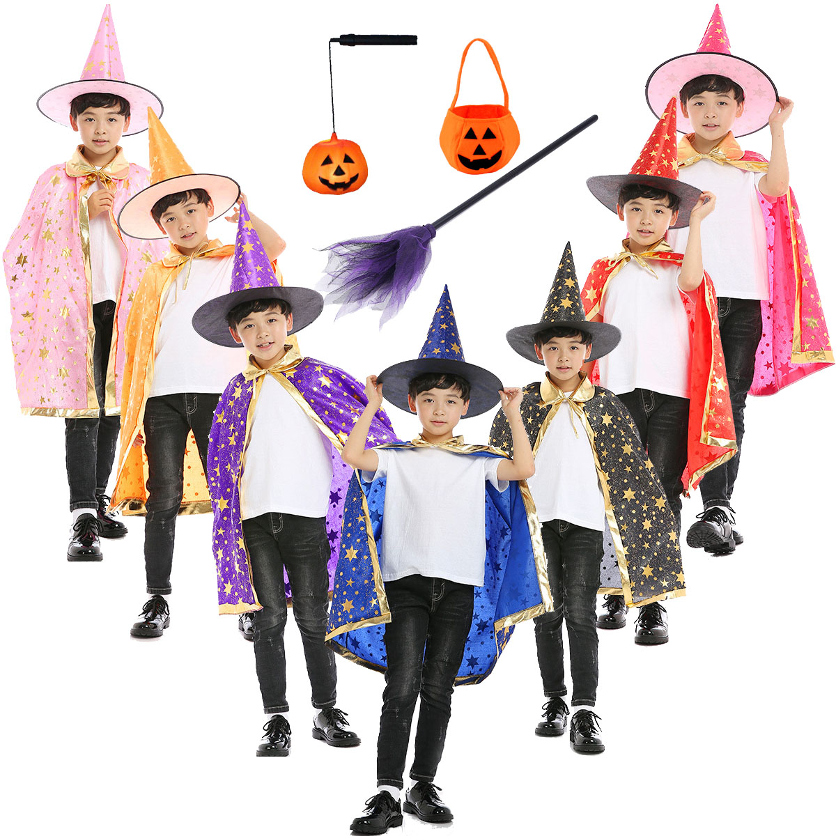 Halloween children's dress cos culture costume prom role dress witch cloak witch cape swept up the pumpkin lights-Taobao
