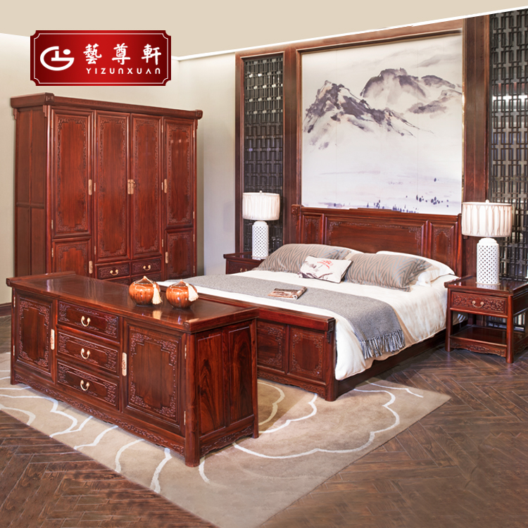 Yizunxuan mahogany furniture good luck accompany bedroom five-piece bed wardrobe TV cabinet master bedroom bedroom complete set of furniture