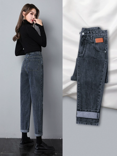 Джинсы, демисезонные бархатные приталенные штаны, высокая талия, свободный прямой крой