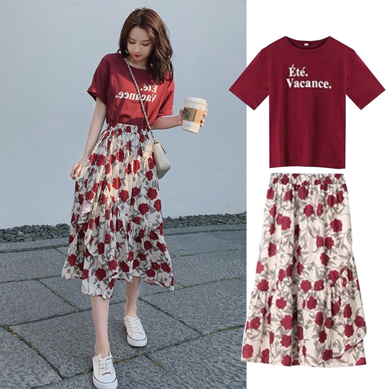 Floral dress female waist temperament summer 2021 new foreign style t-shirt large size fat mm cover belly thin suit