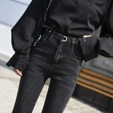 Черные джинсы, флисовые демисезонные штаны, приталенный комбинезон, высокая талия, в обтяжку