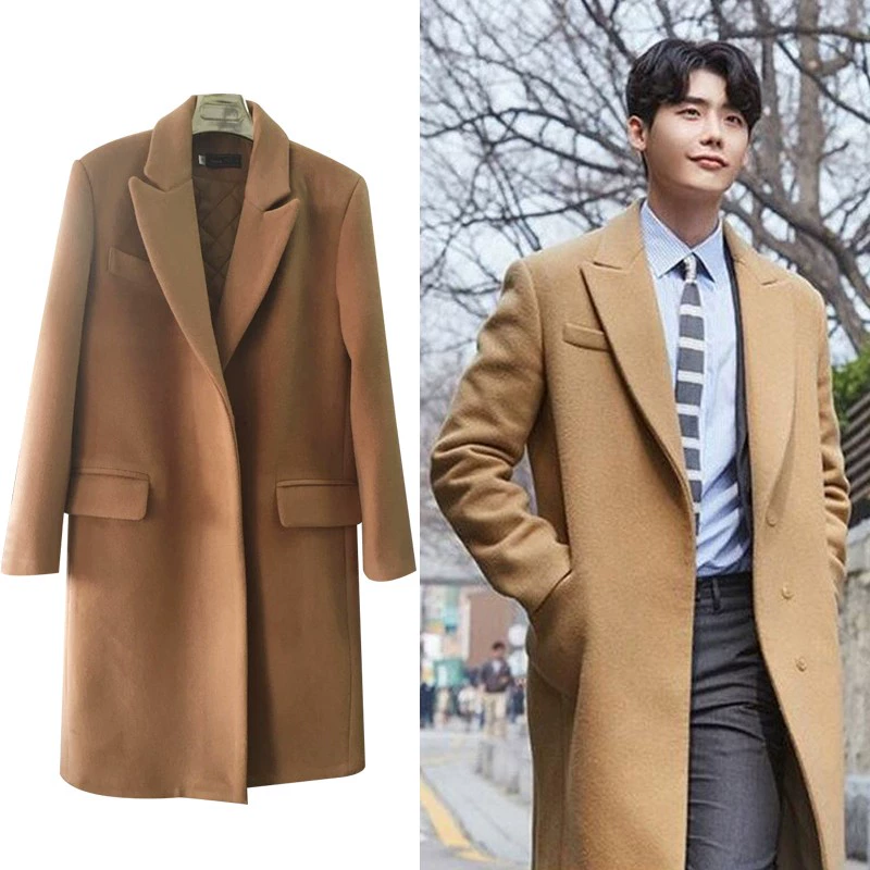 Ngôi sao của cùng một bộ quần áo nam khi bạn đang ngủ Áo choàng len của Lee Jong Suk áo khoác lông lạc đà nam có kích thước lớn - Áo len