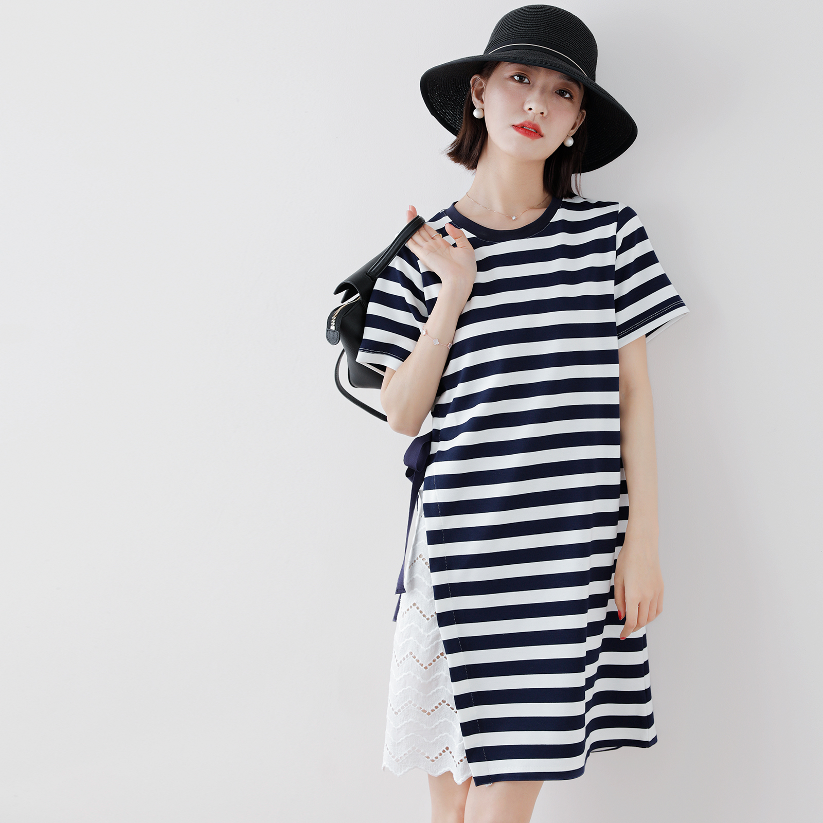 Ditutun side lace stitching striped dress women 2021 summer new mid-length fashion T-shirt skirt