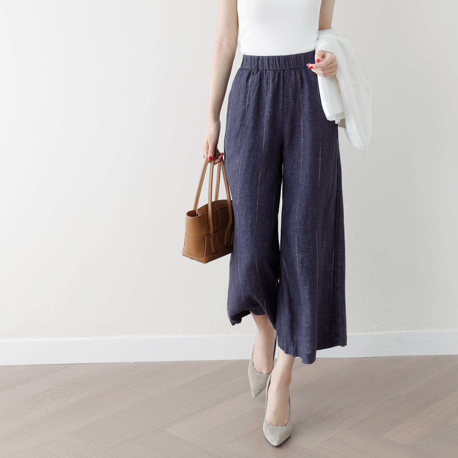 Dituton linen wide pants women's high waist drooping summer thin section elegant straight seven-point casual women's pants are thin