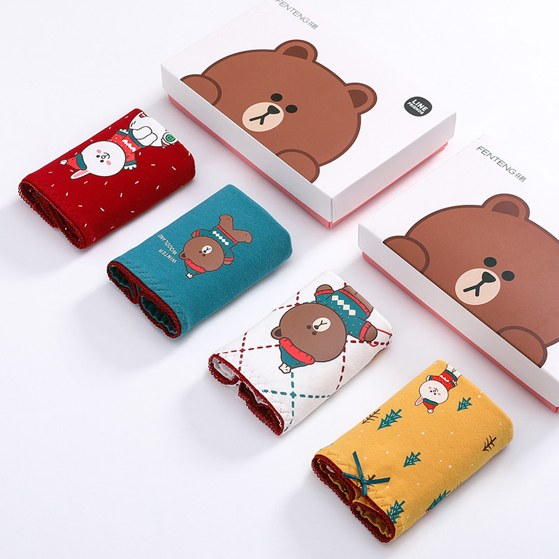 Fenten Brown Bear Christmas Day Joint Underwear Women's Antibacterial Cotton crotch Mid-waist Girl Cute Cartoon Trim Pants