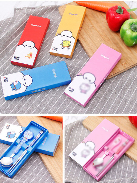 Cute Dinnerware Fork Suit Primary School Spoon Chopsticks Sets Suit Kids Portable Three-Piece Boxed Raw Stainless Steel