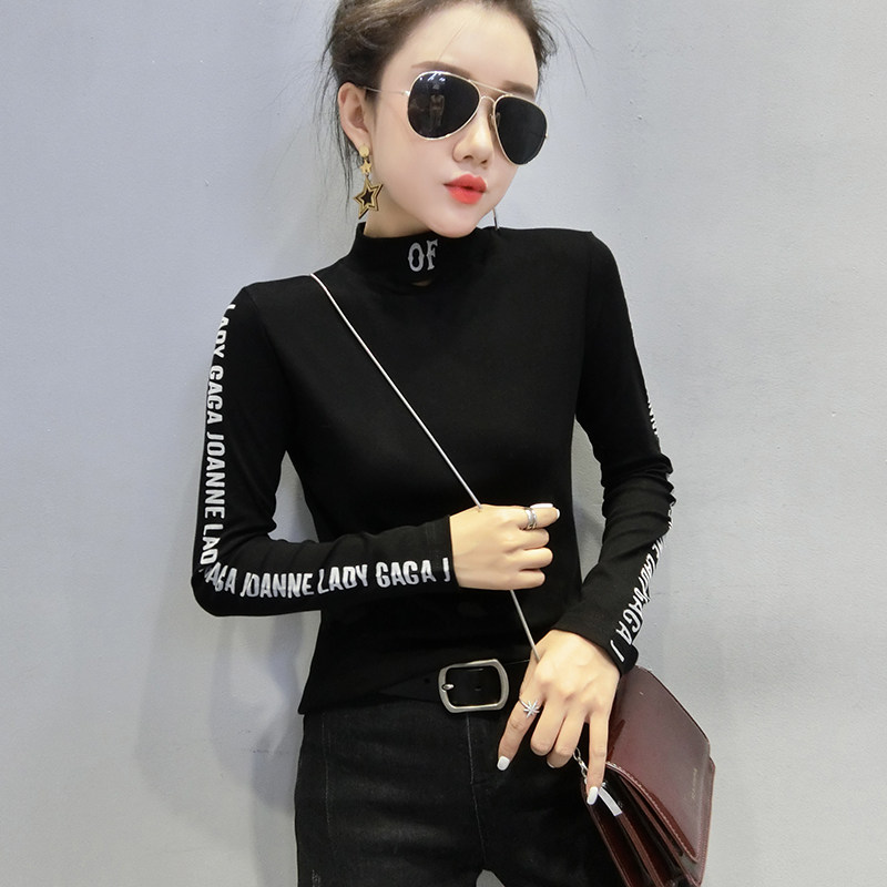 Thickened brushed bottoming shirt women's inner wear autumn and winter new half turtleneck letter T-shirt women's long-sleeved slim-fit Western-style top